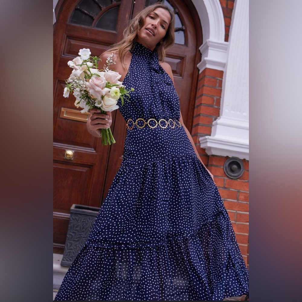 RIXO Abi Halter Neck Navy Blue Polka Dot Midi Dress US Size 6 Classic Designer
